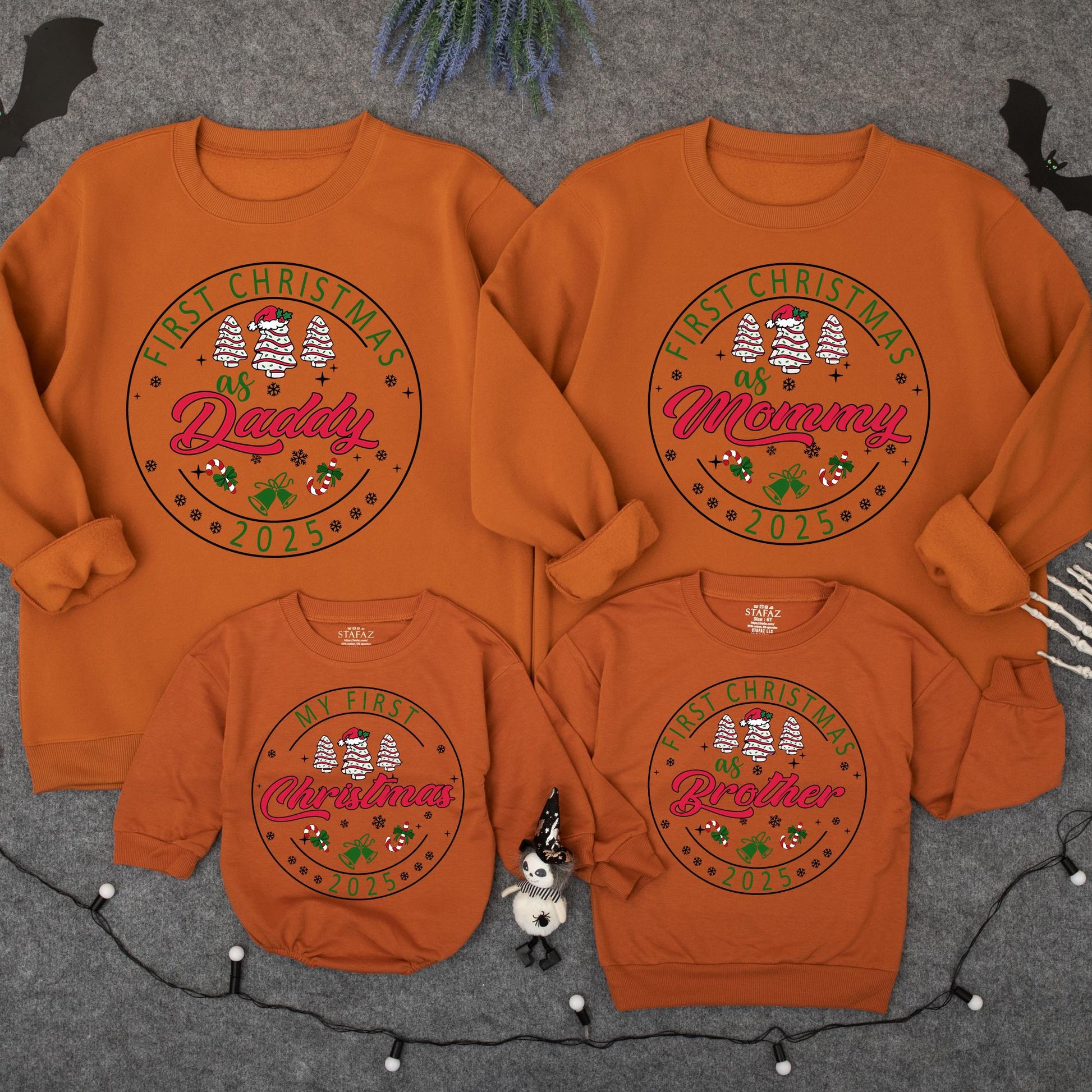 Personalized First Christmas 2025 Baby Sweatshirt for Kids & Mommy Festive Green Red Tree Snowflakes Candy Cane Bells Soft Cotton Design