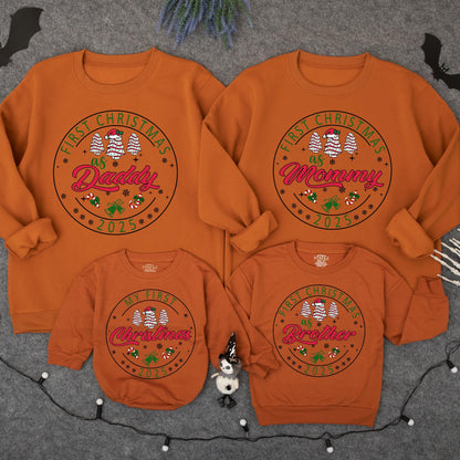 Personalized First Christmas 2025 Baby Sweatshirt for Kids & Mommy Festive Green Red Tree Snowflakes Candy Cane Bells Soft Cotton Design