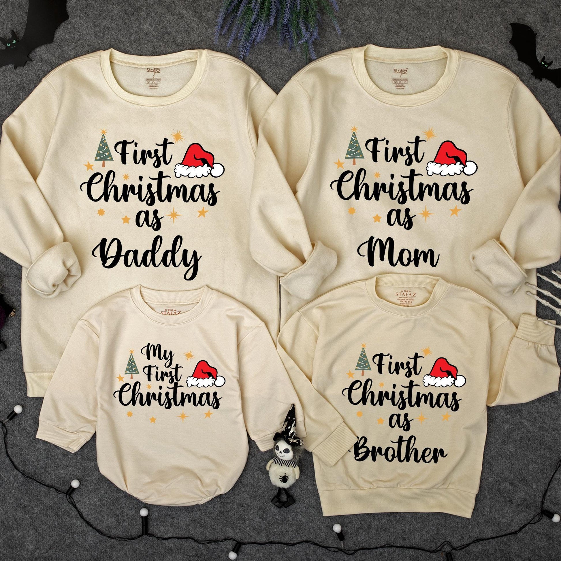 First Christmas Family Sweatshirt Matching Mommy Daddy Brother First Xmas Baby Toddler Holiday Outfit Gold Stars Santa Hat Green Tree