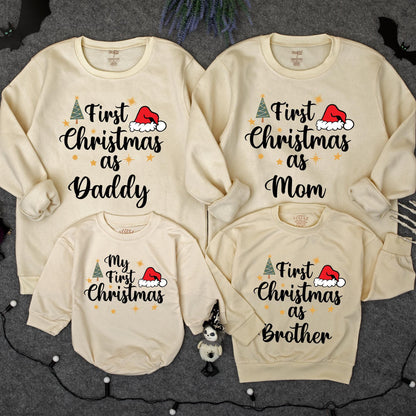 First Christmas Family Sweatshirt Matching Mommy Daddy Brother First Xmas Baby Toddler Holiday Outfit Gold Stars Santa Hat Green Tree