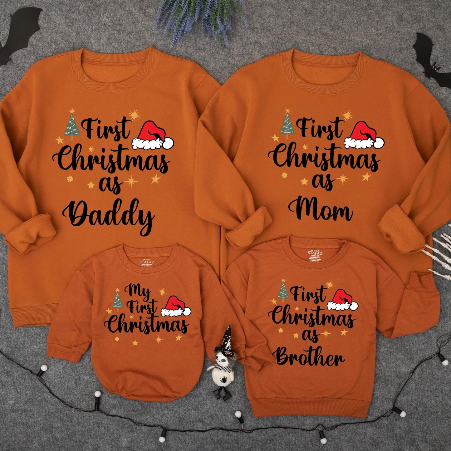 First Christmas Family Sweatshirt Matching Mommy Daddy Brother First Xmas Baby Toddler Holiday Outfit Gold Stars Santa Hat Green Tree