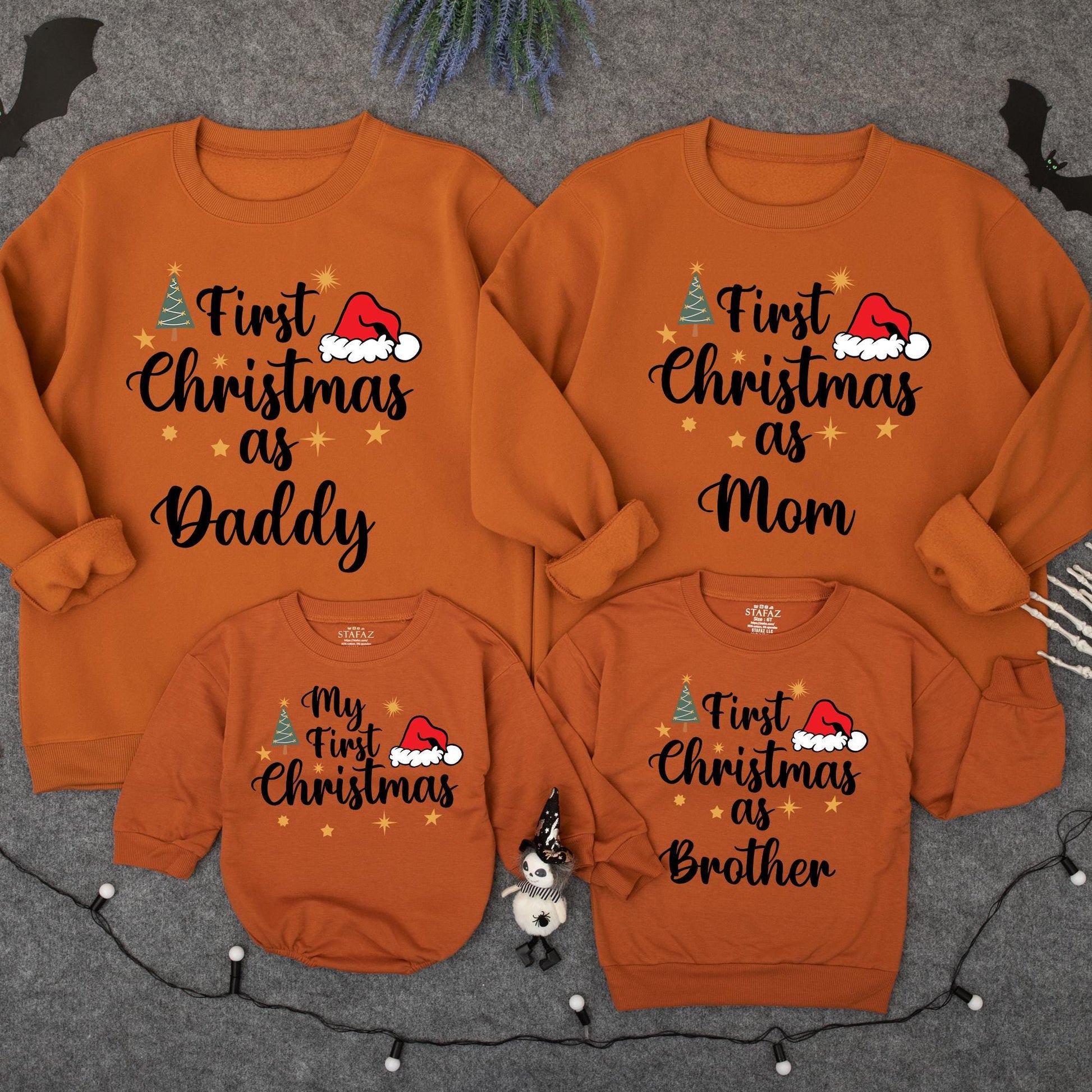 First Christmas Family Sweatshirt Matching Mommy Daddy Brother First Xmas Baby Toddler Holiday Outfit Gold Stars Santa Hat Green Tree