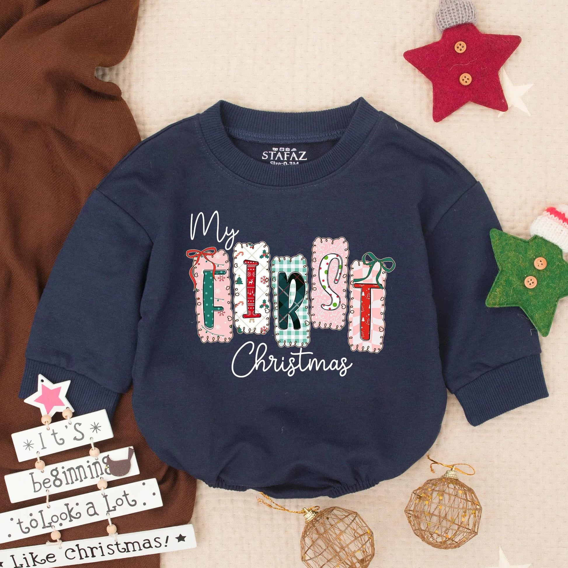 My First Christmas Bubble Romper for Baby Girl, Festive Holiday Outfit with Plaid & Snowflake Design, Newborn Winter Gift