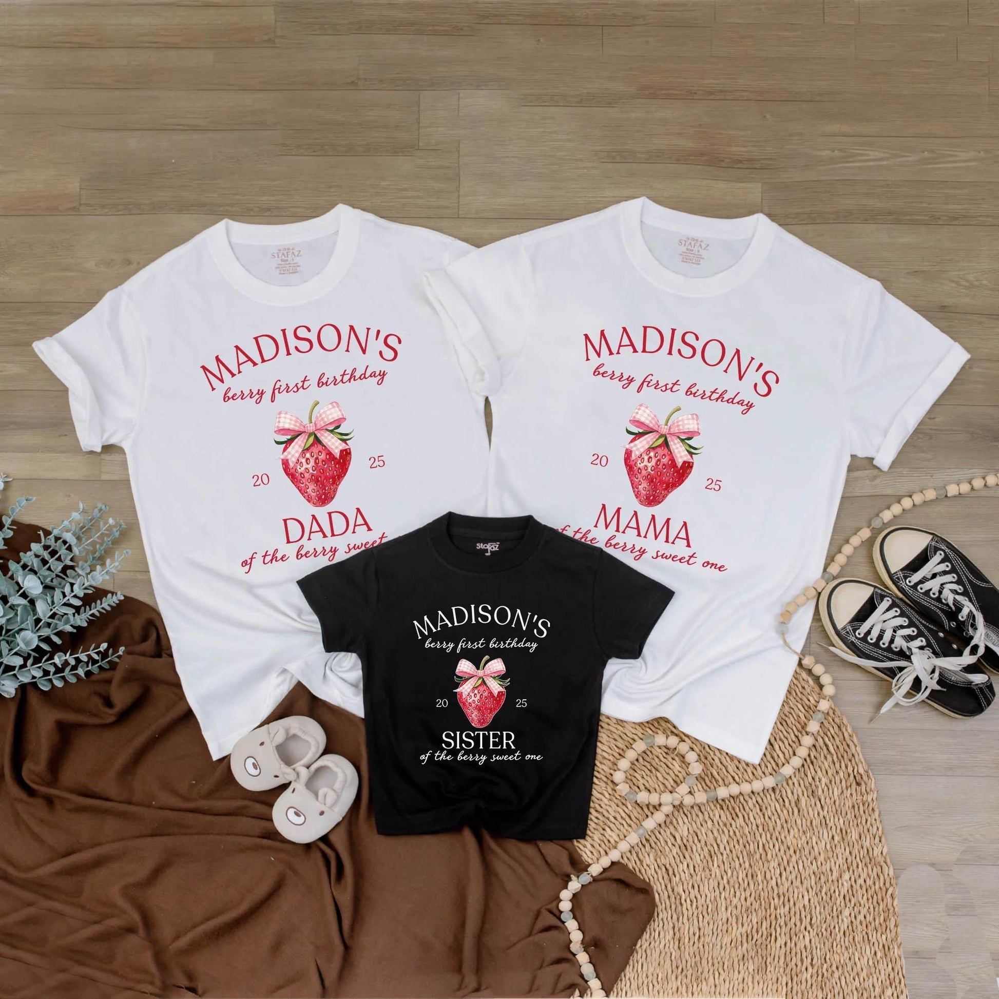 Madison's Berry First Birthday Matching Family Shirts, Strawberry 1st Birthday Party Tee, Cute Gingham Bow Design, Sweet One Outfit 2025, Mom Dad