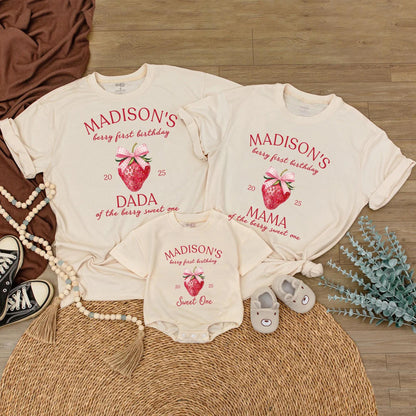 Madison's Berry First Birthday Matching Family Shirts, Strawberry 1st Birthday Party Tee, Cute Gingham Bow Design, Sweet One Outfit 2025, Mom Dad