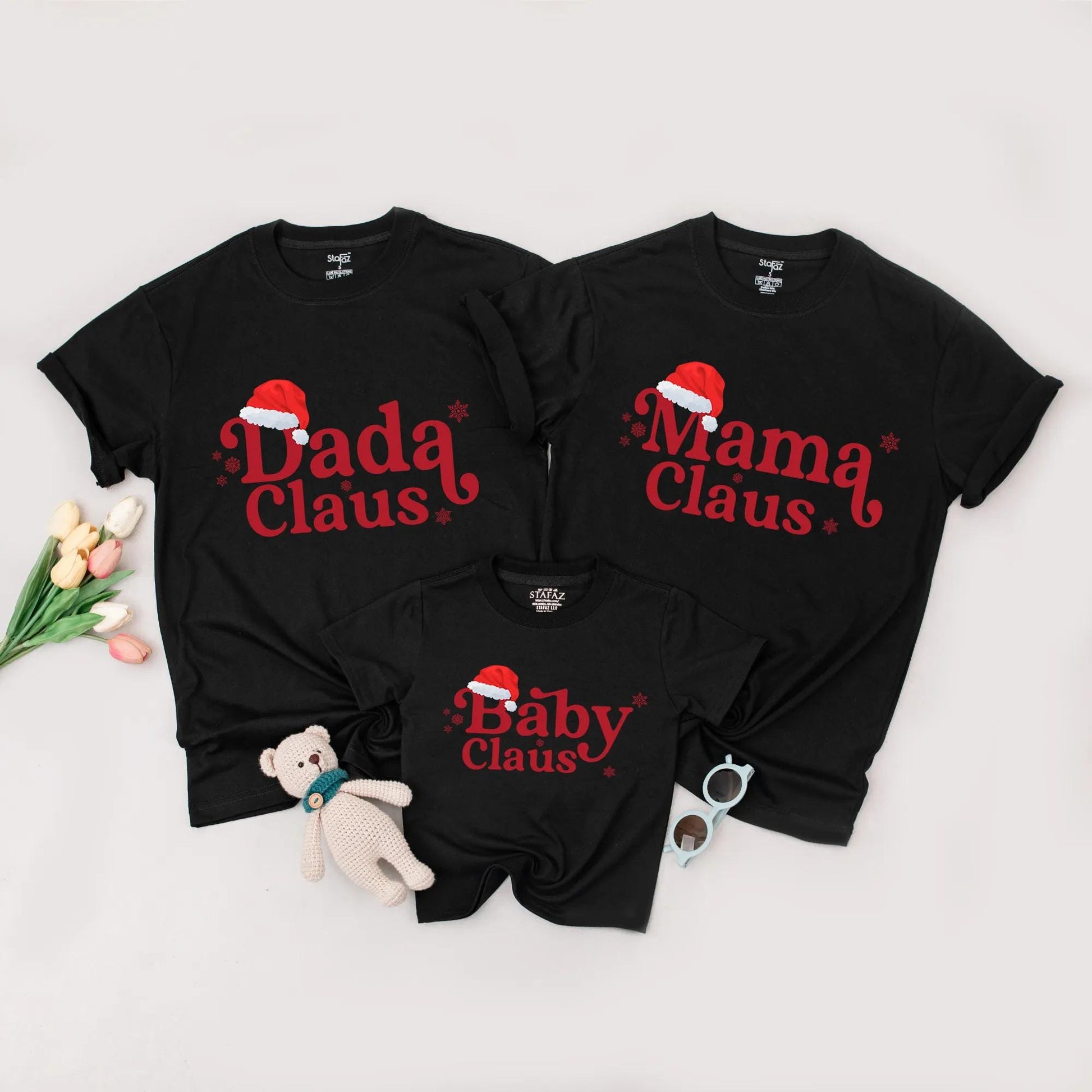 Matching Mama Claus, Dada Claus & Baby Claus Christmas Family Shirts! Festive Holiday Outfits for Mom, Dad & Baby with Santa Hats & Snowflake Accents
