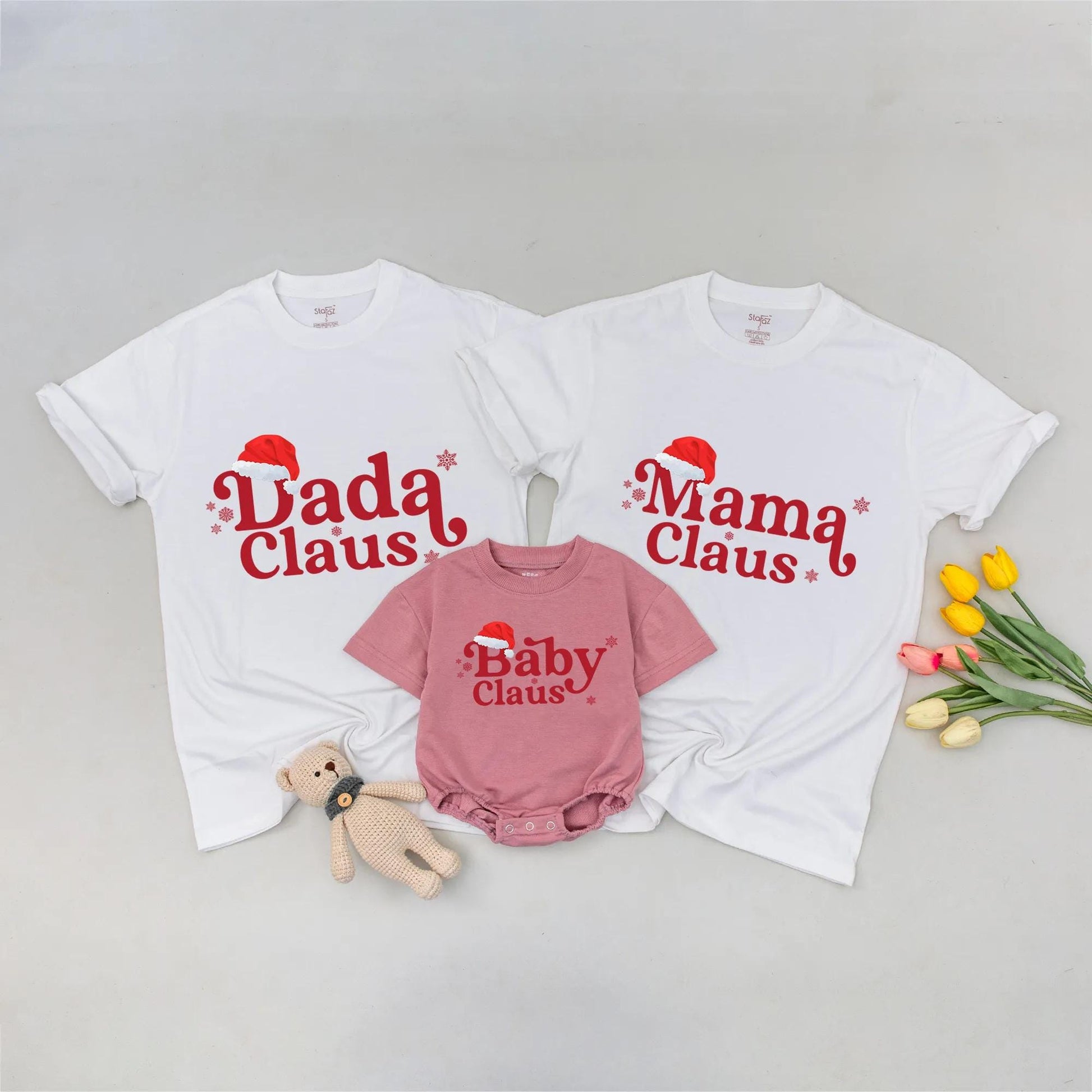 Matching Mama Claus, Dada Claus & Baby Claus Christmas Family Shirts! Festive Holiday Outfits for Mom, Dad & Baby with Santa Hats & Snowflake Accents