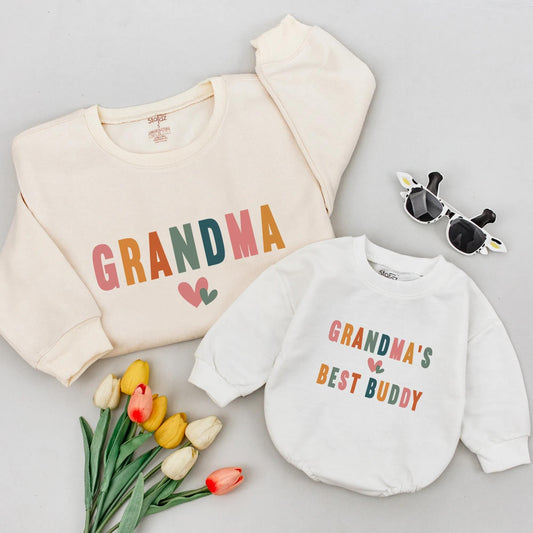 Personalized Grandma & Best Buddy Matching Sweatshirt Set Colorful Pastel Hearts Grandchild Gift Baby Shower New Grandmother Reveal Outfit