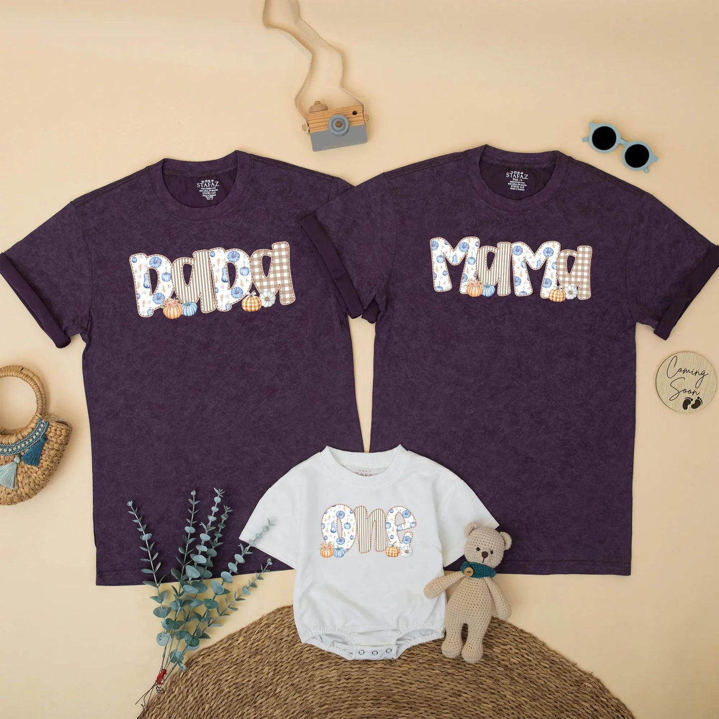 Fall Family Matching Shirts Dada Mama Brother One, Blue Orange Pumpkin Patch Thanksgiving Outfit, Baby's First Birthday Boy Gingham Floral Top (139 chars)