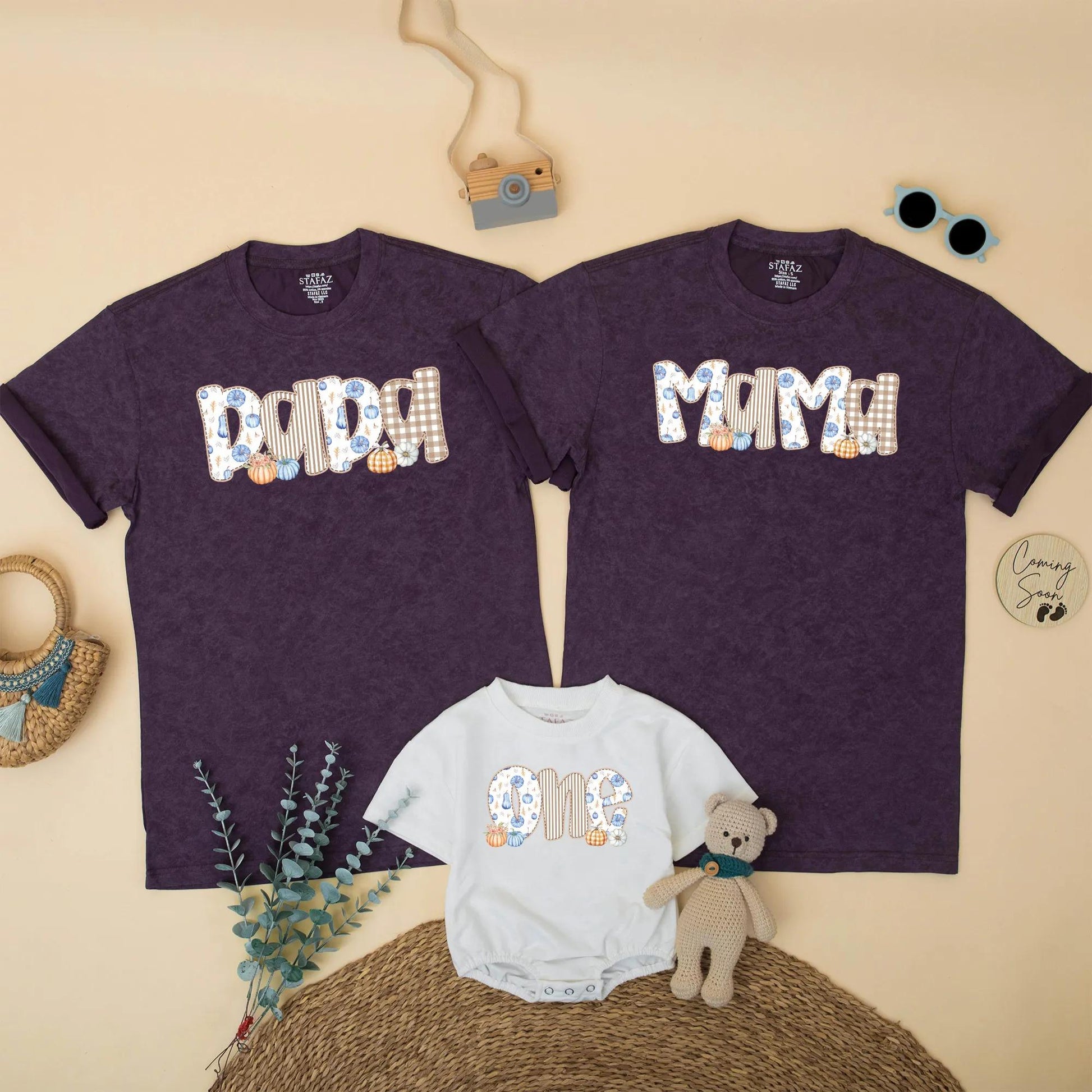 Fall Family Matching Shirts Dada Mama Brother One, Blue Orange Pumpkin Patch Thanksgiving Outfit, Baby's First Birthday Boy Gingham Floral Top (139 chars)