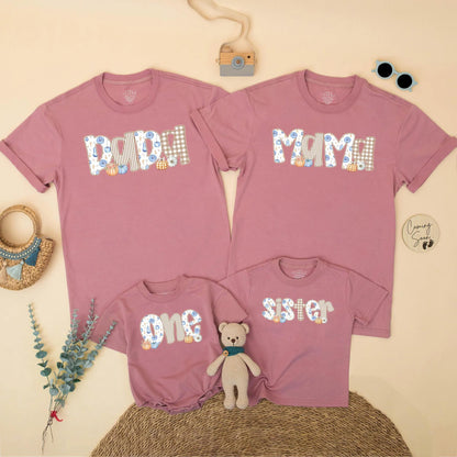 Fall Family Matching Shirts Dada Mama Brother One, Blue Orange Pumpkin Patch Thanksgiving Outfit, Baby's First Birthday Boy Gingham Floral Top (139 chars)