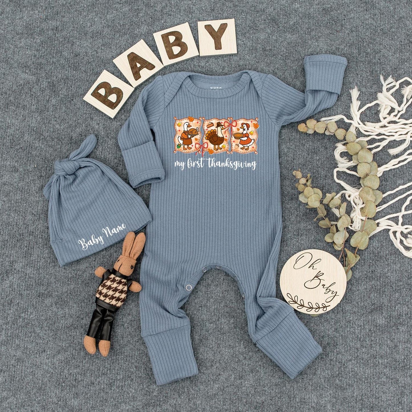 Personalized My First Thanksgiving Baby Outfit Whimsical Turkey Bodysuit Fall Gift Set Newborn Romper with Autumn Leaves and Berries Cute Infant Clothes