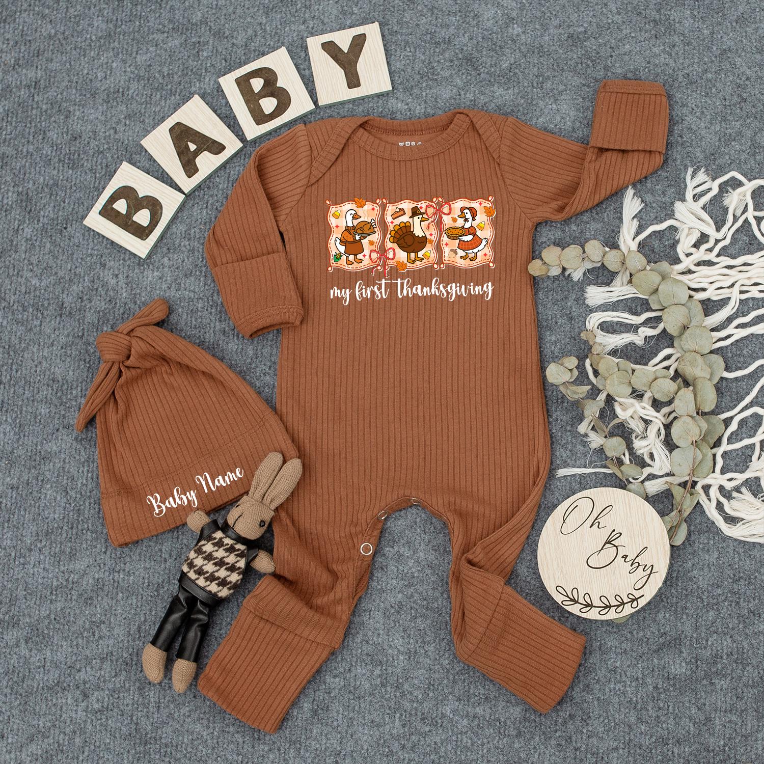 Personalized My First Thanksgiving Baby Outfit Whimsical Turkey Bodysuit Fall Gift Set Newborn Romper with Autumn Leaves and Berries Cute Infant Clothes