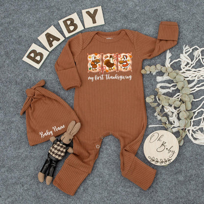 Personalized My First Thanksgiving Baby Outfit Whimsical Turkey Bodysuit Fall Gift Set Newborn Romper with Autumn Leaves and Berries Cute Infant Clothes