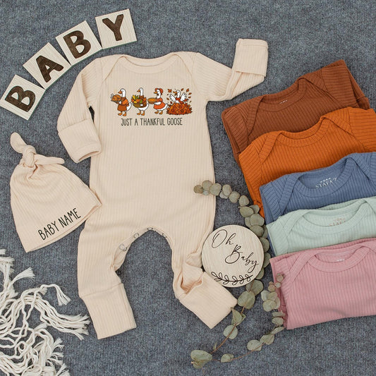 Thankful Goose Baby Bodysuit Fall Outfit, Cute Thanksgiving Romper, Newborn Infant Clothes, Autumn Gift Set, Just a Thankful Goose Onesie (139 chars)