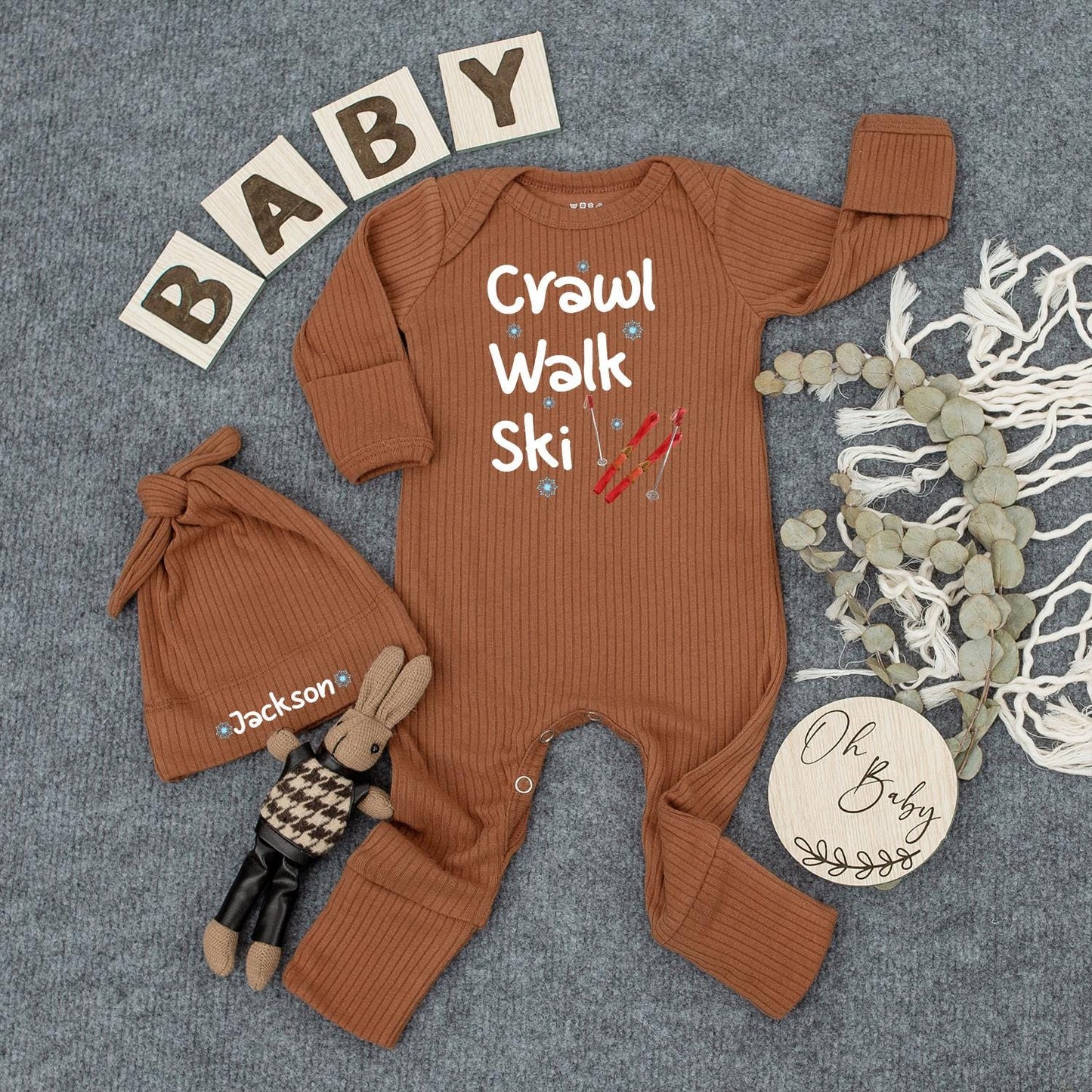 Crawl Walk Ski Personalized Baby Bodysuit Winter Outfit Cute Infant Romper for Baby Boy or Girl Custom Newborn Gift Set Christmas Present 137 chars