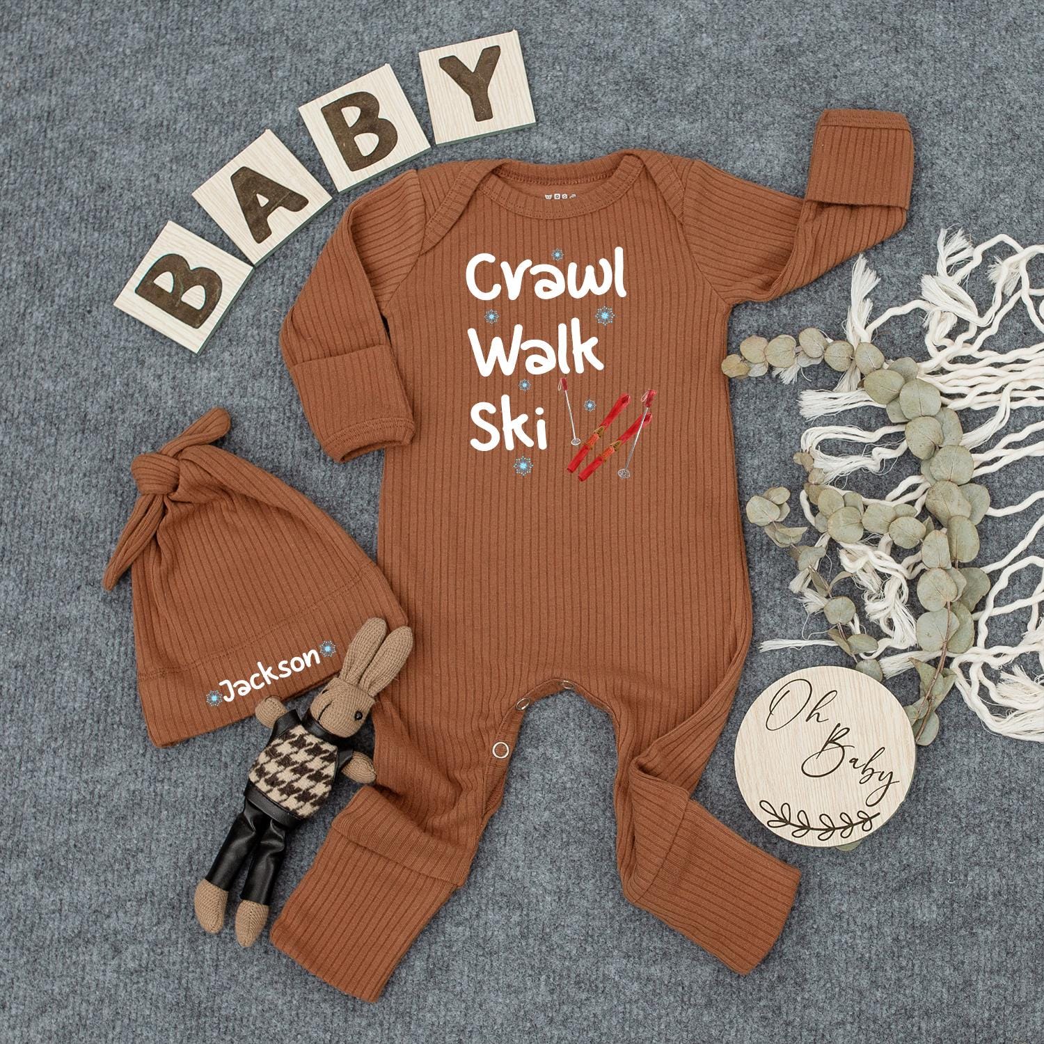 Crawl Walk Ski Personalized Baby Bodysuit Winter Outfit Cute Infant Romper for Baby Boy or Girl Custom Newborn Gift Set Christmas Present 137 chars