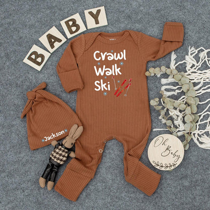 Crawl Walk Ski Personalized Baby Bodysuit Winter Outfit Cute Infant Romper for Baby Boy or Girl Custom Newborn Gift Set Christmas Present 137 chars