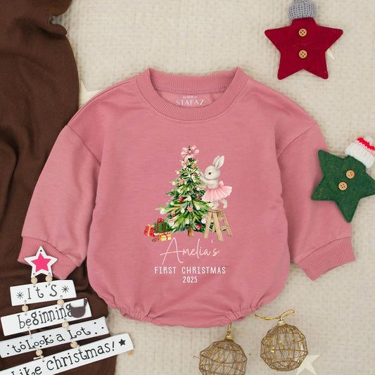 Amelia's First Christmas 2025 Bubble Romper Pink Bunny Watercolor Baby Girl Holiday Outfit Cute Infant Toddler Xmas Gift