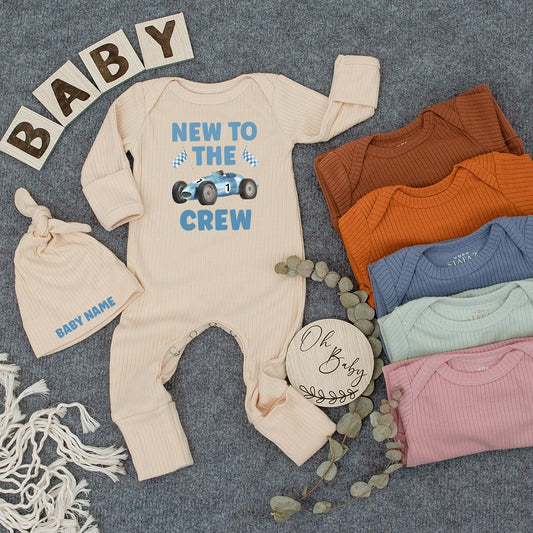New To The Crew Racing Baby Bodysuit, Custom Name Infant Outfit, Blue Race Car Romper, #1 Newborn Coming Home Gift, Checkered Flag Clothes 137