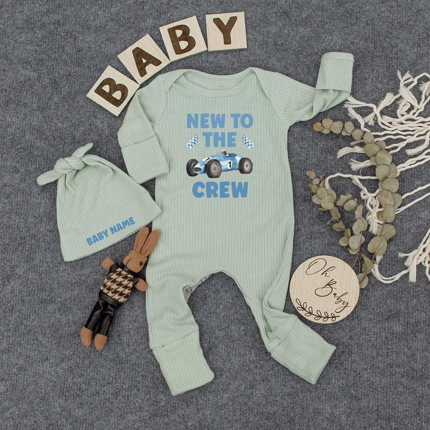 New To The Crew Racing Baby Bodysuit, Custom Name Infant Outfit, Blue Race Car Romper, #1 Newborn Coming Home Gift, Checkered Flag Clothes 137