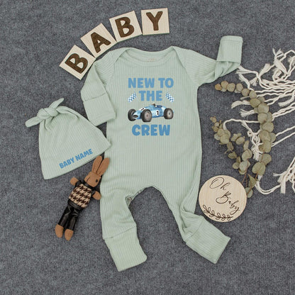 New To The Crew Racing Baby Bodysuit, Custom Name Infant Outfit, Blue Race Car Romper, #1 Newborn Coming Home Gift, Checkered Flag Clothes 137
