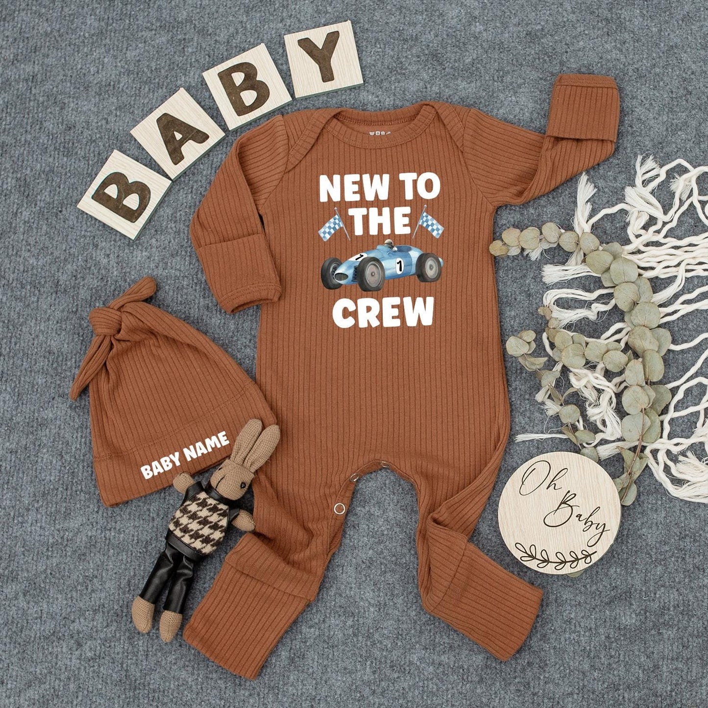New To The Crew Racing Baby Bodysuit, Custom Name Infant Outfit, Blue Race Car Romper, #1 Newborn Coming Home Gift, Checkered Flag Clothes 137