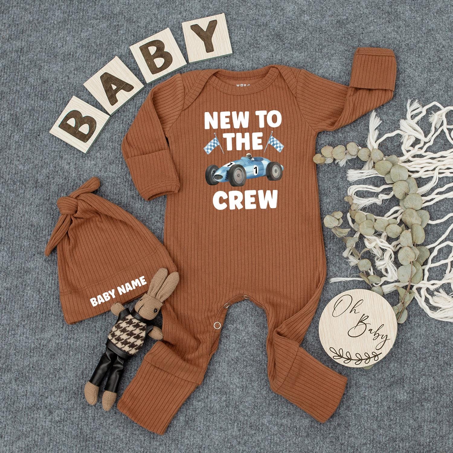 New To The Crew Racing Baby Bodysuit, Custom Name Infant Outfit, Blue Race Car Romper, #1 Newborn Coming Home Gift, Checkered Flag Clothes 137
