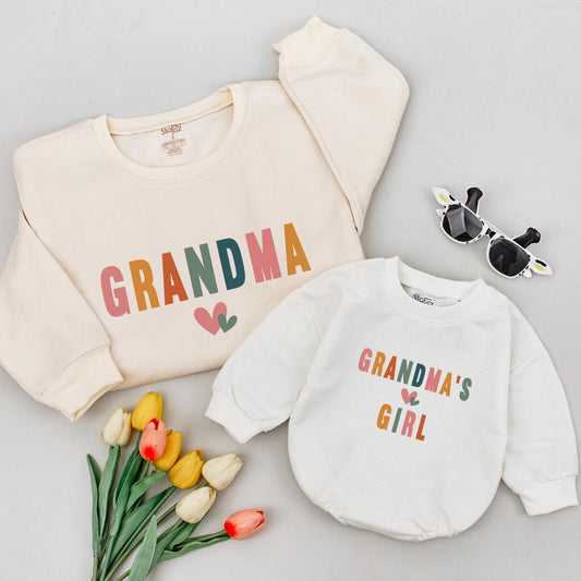 Personalized Grandma & Best Buddy Matching Sweatshirt Set Colorful Pastel Hearts Grandchild Gift Baby Shower New Grandmother Reveal Outfit