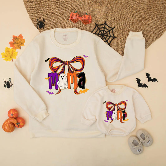 Mama & Mini Halloween Matching Sweatshirts: Spooky Cute Bow Sweaters for Mom & Daughter, Girly Bat Silhouette Fall Outfit, Comfy Halloween Gift (139 chars)