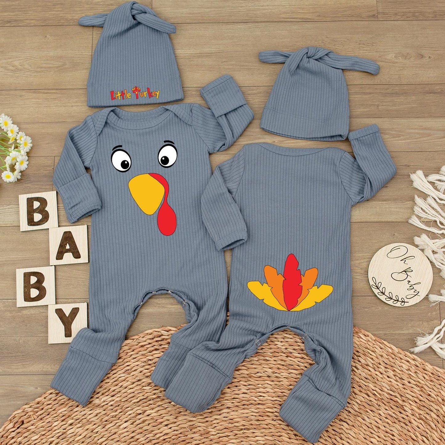 Cute Baby Turkey Romper with Hat Adorable Infant Thanksgiving Outfit Long Sleeve Fall Holiday Clothes Newborn Gift