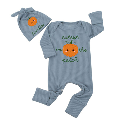 Cutest In The Patch Smiling Pumpkin Baby Romper Fall Halloween Outfit Newborn Infant Bodysuit Clothes Green Stem Design Baby Shower Gift