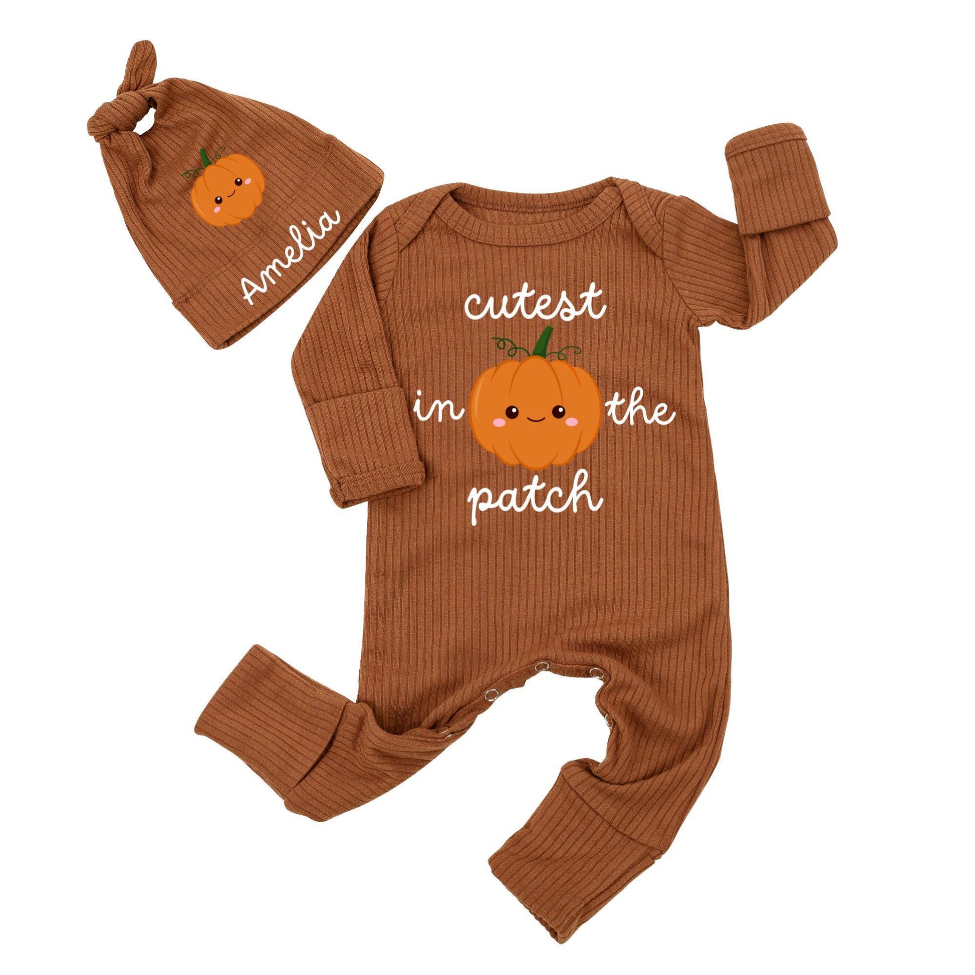 Cutest In The Patch Smiling Pumpkin Baby Romper Fall Halloween Outfit Newborn Infant Bodysuit Clothes Green Stem Design Baby Shower Gift