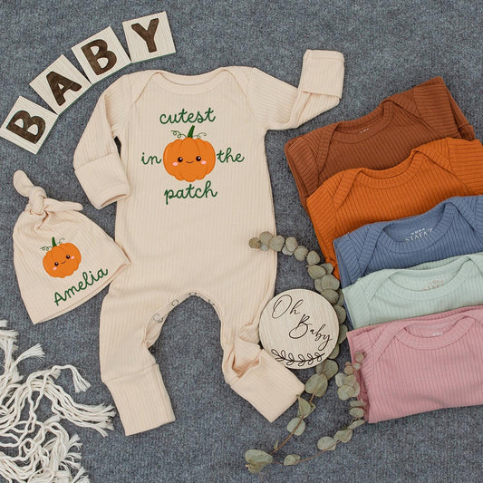Cutest In The Patch Smiling Pumpkin Baby Romper Fall Halloween Outfit Newborn Infant Bodysuit Clothes Green Stem Design Baby Shower Gift