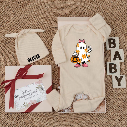 Personalized Baby Girl Ghost Bodysuit Cute Bow Ghost Floral Halloween Outfit Pumpkin Candy Bucket Spooky Baby Shower Gift
