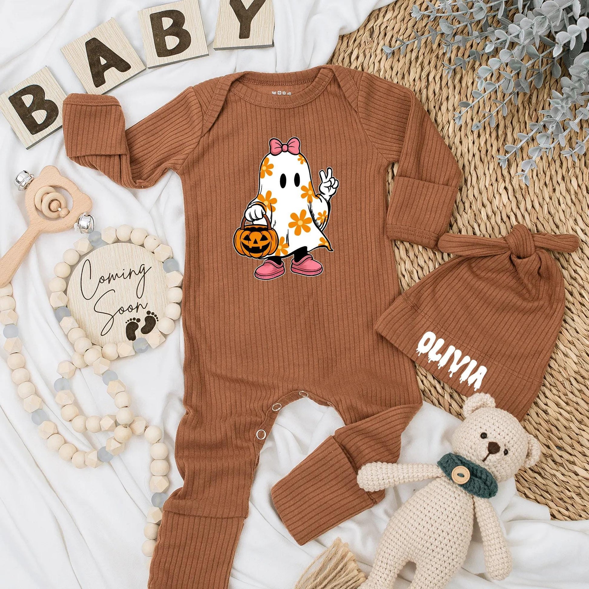 Personalized Baby Girl Ghost Bodysuit Cute Bow Ghost Floral Halloween Outfit Pumpkin Candy Bucket Spooky Baby Shower Gift