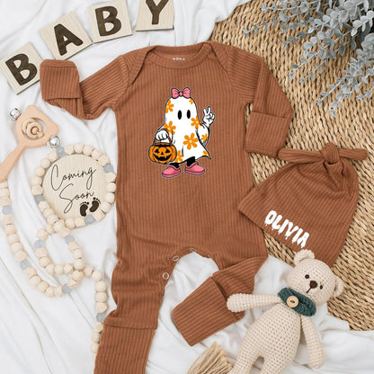 Personalized Baby Girl Ghost Bodysuit Cute Bow Ghost Floral Halloween Outfit Pumpkin Candy Bucket Spooky Baby Shower Gift