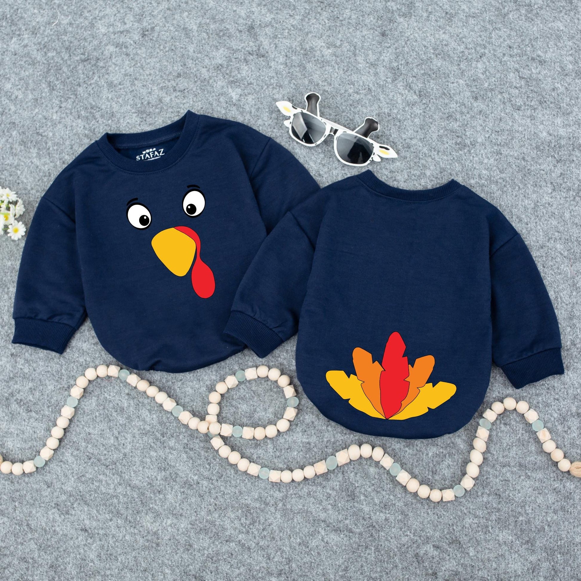 Cute Turkey Face Sweatshirt, Thanksgiving Outfit for Baby Toddler, Funny Fall Holiday Costume Shirt for Boys Girls, Playful Cartoon Design, 130-140 chars