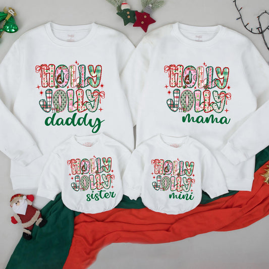 Custom Name Holly Jolly Sweatshirt Vintage Preppy Christmas Family Matching Outfits Mama Mini Daddy Sister Holiday Apparel Cozy Festive