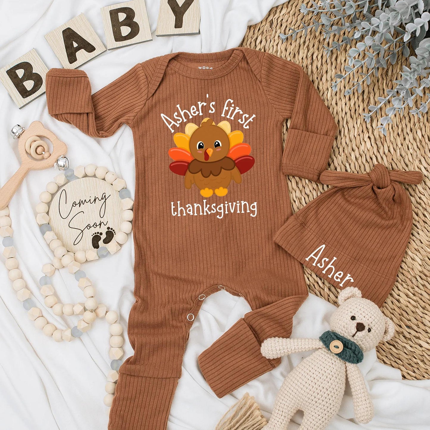 Personalized Baby's First Thanksgiving Bodysuit with Cute Turkey Name Design, Warm Fall Colors Newborn Autumn Outfit Romper Gift