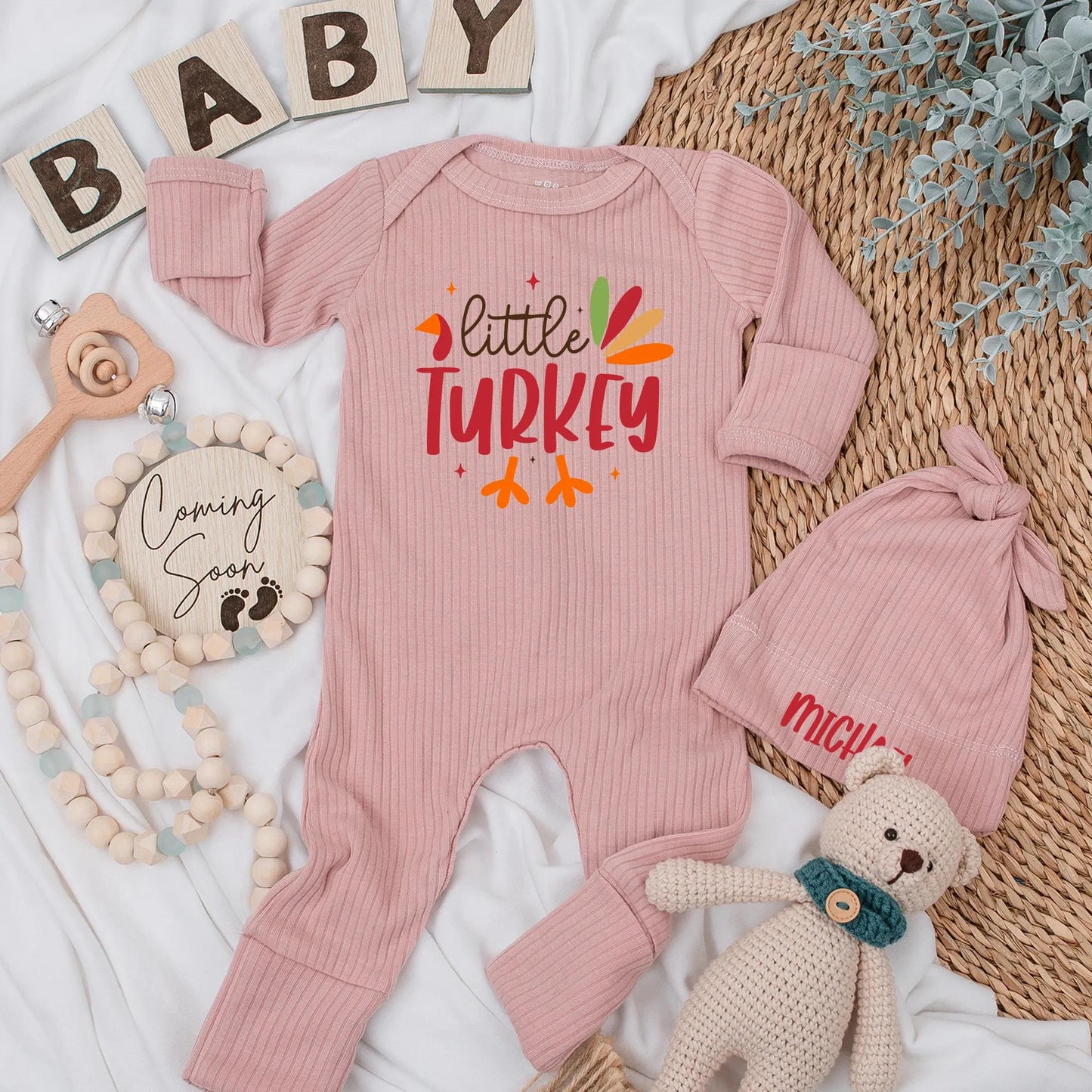 Little Turkey Baby Bodysuit Cute Fall Thanksgiving Outfit Whimsical Script & Block Fonts Autumn Baby Shower Gift