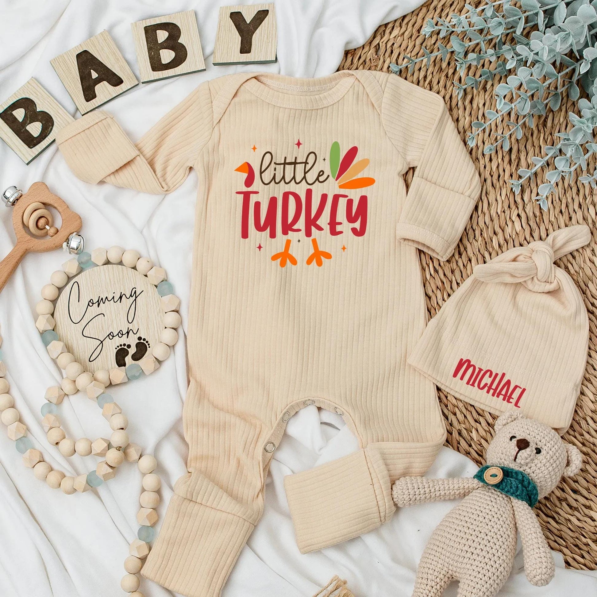 Little Turkey Baby Bodysuit Cute Fall Thanksgiving Outfit Whimsical Script & Block Fonts Autumn Baby Shower Gift