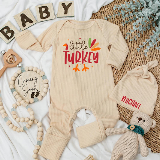 Little Turkey Baby Bodysuit Cute Fall Thanksgiving Outfit Whimsical Script & Block Fonts Autumn Baby Shower Gift