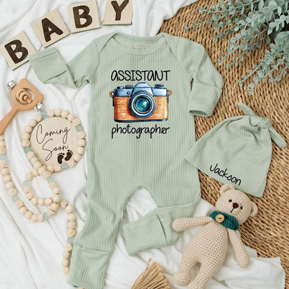 Future Photographer Baby Bodysuit Retro Camera Outfit, Cute Assistant Newborn Clothes, Unique Gift for Photographer Parents, Blue Orange Silver 138 Chars
