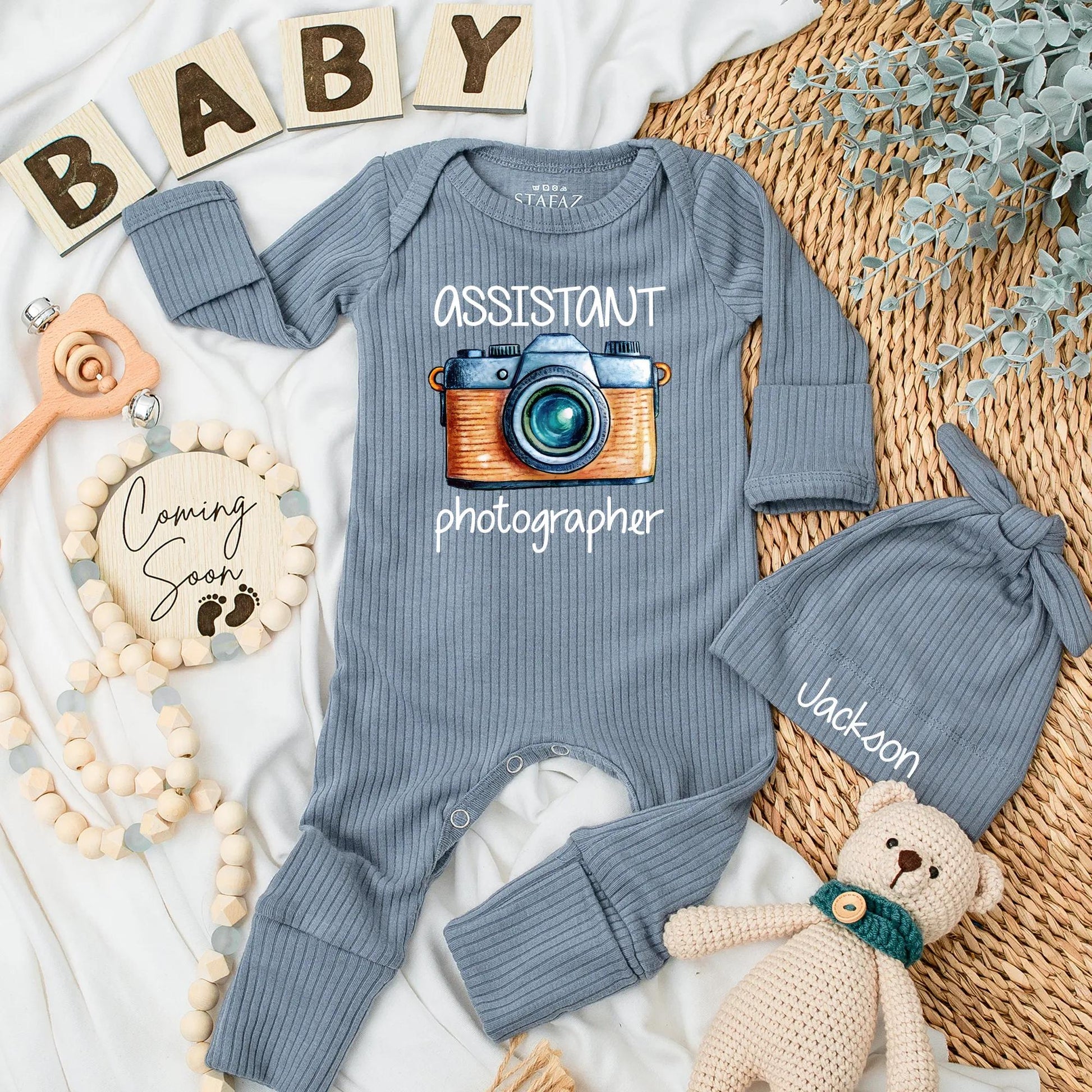 Future Photographer Baby Bodysuit Retro Camera Outfit, Cute Assistant Newborn Clothes, Unique Gift for Photographer Parents, Blue Orange Silver 138 Chars