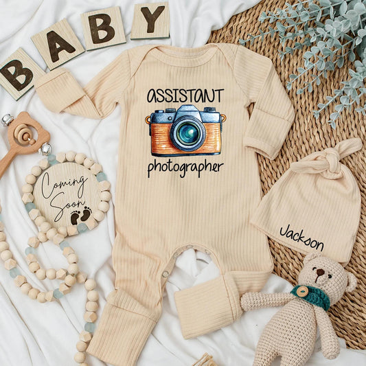 Future Photographer Baby Bodysuit Retro Camera Outfit, Cute Assistant Newborn Clothes, Unique Gift for Photographer Parents, Blue Orange Silver 138 Chars