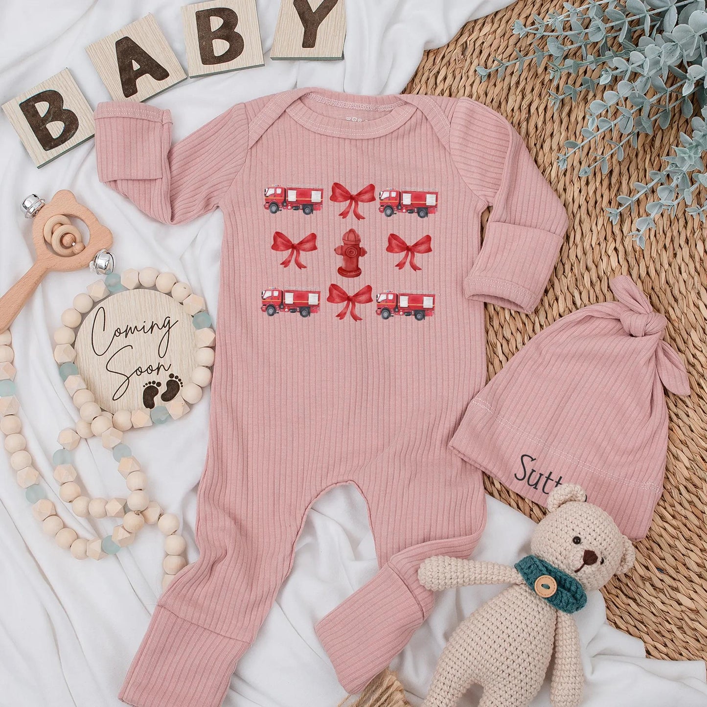 Firetruck Fun! Personalized Baby Girl Bodysuit with Red Hydrants & Bows, Firefighter Outfit Newborn Romper, Custom Baby Shower Gift, Cute Clothes (139 chars)