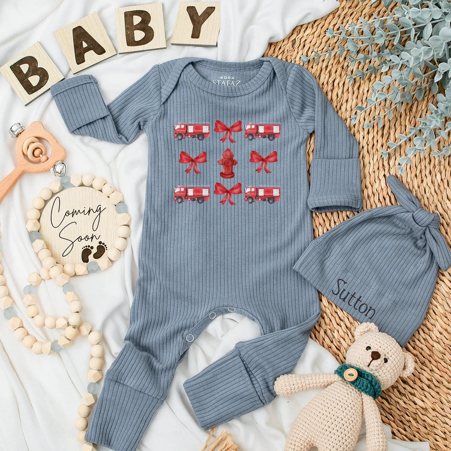 Firetruck Fun! Personalized Baby Girl Bodysuit with Red Hydrants & Bows, Firefighter Outfit Newborn Romper, Custom Baby Shower Gift, Cute Clothes (139 chars)