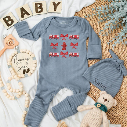 Firetruck Fun! Personalized Baby Girl Bodysuit with Red Hydrants & Bows, Firefighter Outfit Newborn Romper, Custom Baby Shower Gift, Cute Clothes (139 chars)