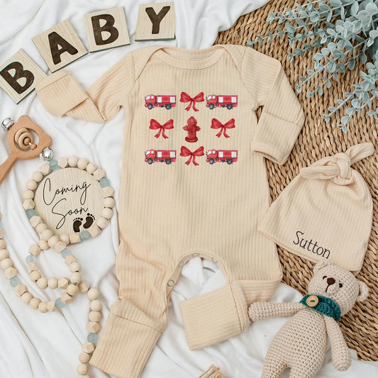Firetruck Fun! Personalized Baby Girl Bodysuit with Red Hydrants & Bows, Firefighter Outfit Newborn Romper, Custom Baby Shower Gift, Cute Clothes (139 chars)